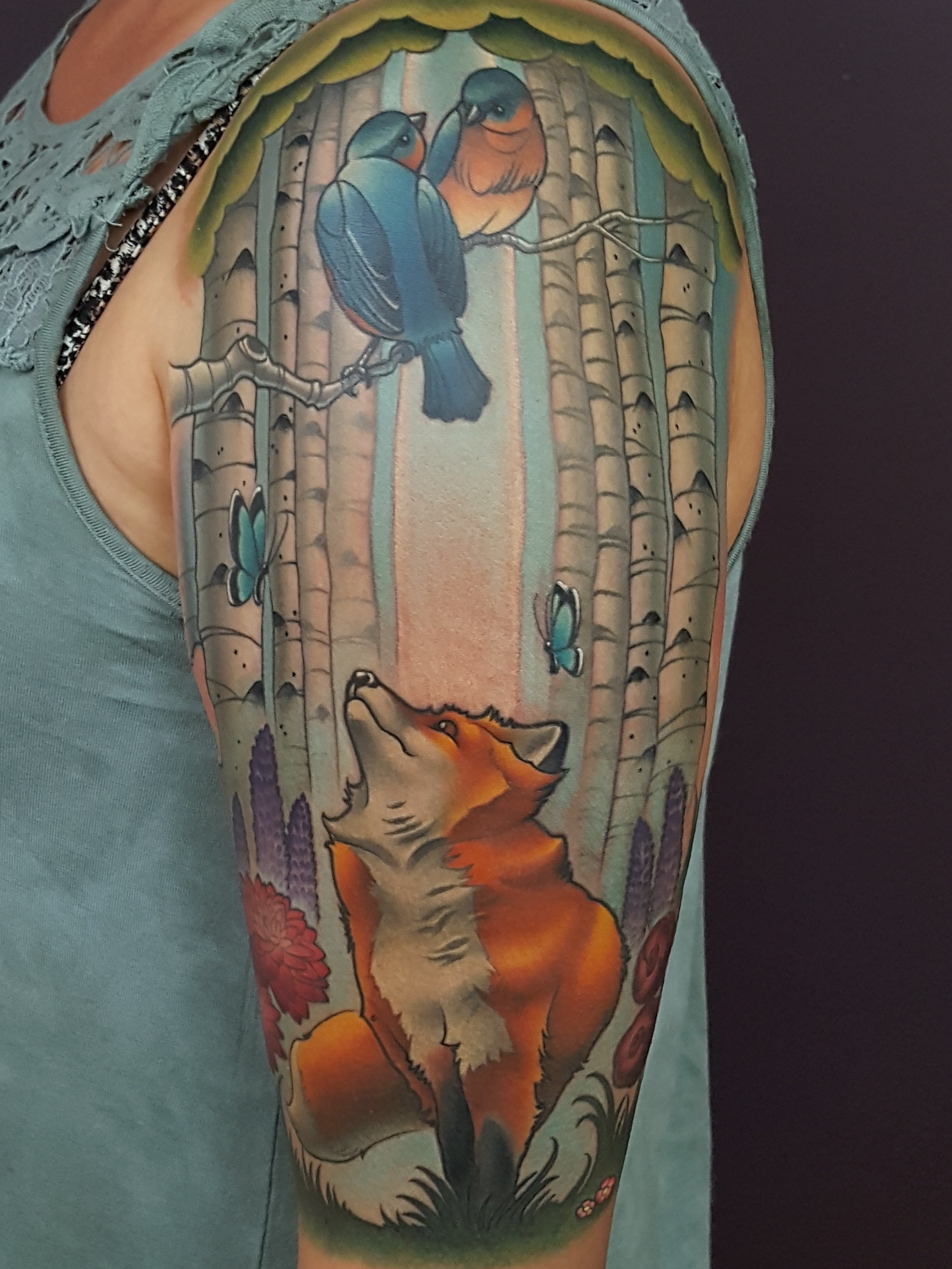 Woodland Creatures Sleeve Tattoo by tattoo artist Cracker Joe Swider in Connecticut